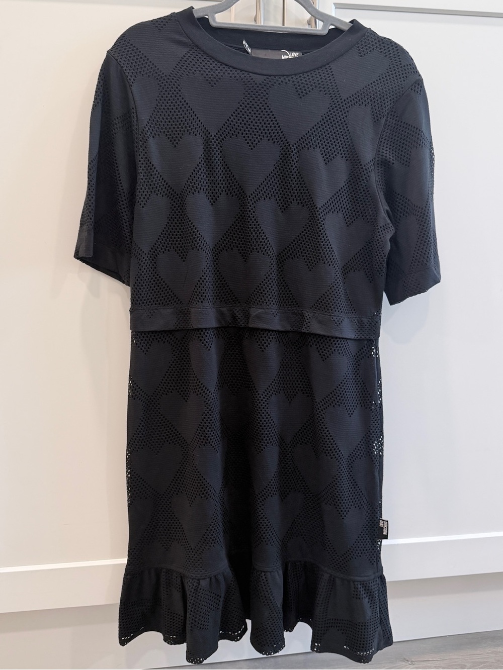 Love Moschino Black Heart Mesh Knit Midi Dress Womens Size 40 US 4 Ruffle Hem